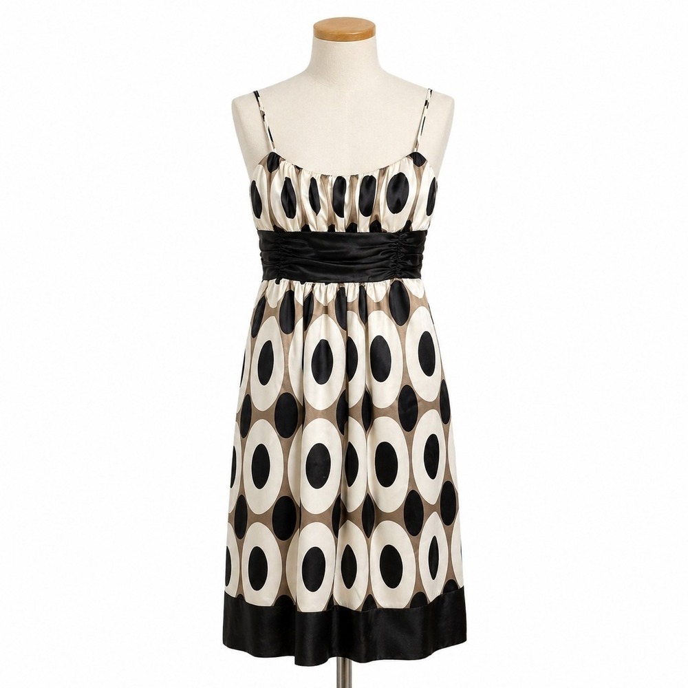Intrigue Satin Dress Womens Black White Brown‎ Circle Print Spaghetti Strap...